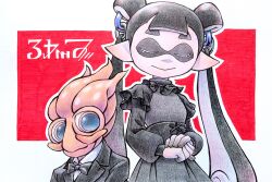Rule 34 | 1boy, 1girl, black bow, black bowtie, black dress, black jacket, bow, bowtie, closed eyes, co ma tsu na, collared shirt, dress, frilled dress, frills, highres, inkling, jacket, jessika (splatoon), long hair, long sleeves, martin (splatoon), nintendo, outline, own hands together, pointy ears, red background, shirt, splatoon (series), splatoon 3, suction cups, tentacle hair, twintails, upper body, white outline, white shirt