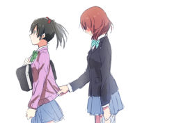 Rule 34 | 10s, 2girls, alternate hairstyle, black socks, blazer, bow, bowtie, breasts, brown hair, cardigan, fetal position, hair bow, hand on another&#039;s knee, jacket, kneehighs, lap pillow, loafers, long hair, long sleeves, loose clothes, love live!, love live! school idol project, miniskirt, multiple girls, necktie, nishikino maki, one side up, plaid, plaid skirt, red bow, red eyes, red hair, school uniform, sen&#039;yuu yuuji, shirt, shoes, short hair, single shoe, sitting, skirt, small breasts, socks, striped neckwear, swept bangs, unworn bowtie, unworn jacket, unworn necktie, unworn shoes, unworn skirt, white shirt, yazawa nico, yuri