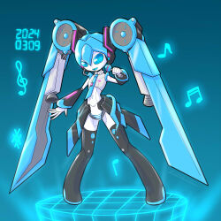 Rule 34 | 1girl, 39, 2024, absurdres, beamed sixteenth notes, blue eyes, blue hair, colored skin, commentary, eighth note, hatsune miku, highres, holding, holding microphone, humanoid robot, long hair, microphone, miku day, musical note, no humans, panties, pigeon-toed, quarter note, robot, robot girl, sharp sign, solo, speaker, thrusters, treble clef, twintails, underwear, vocaloid, white skin, zokoira