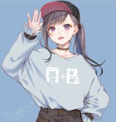 Rule 34 | 1girl, :p, artist name, asymmetrical bangs, baseball cap, blue background, choker, closed mouth, collar, collarbone, commentary request, dated, grey hair, hand up, hat, lma, long hair, looking at viewer, loose clothes, loose shirt, original, ponytail, purple eyes, shirt, signature, simple background, solo, sweater, tongue, tongue out, upper body, zipper