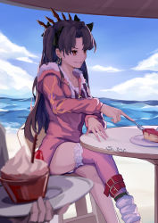 Rule 34 | 1girl, absurdres, beach, black hair, breasts, earrings, fate/grand order, fate (series), fur-trimmed hood, fur-trimmed legwear, fur trim, hair ribbon, highres, hood, hoop earrings, ishtar (fate), ishtar (swimsuit rider) (fate), jacket, jewelry, lang che, long hair, medium breasts, one-piece swimsuit, parted bangs, pink jacket, pink thighhighs, red eyes, ribbon, single thighhigh, sitting, smile, solo focus, swimsuit, swimsuit under clothes, table, thighhighs, tiara, two side up, white one-piece swimsuit