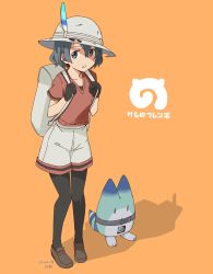 Rule 34 | 10s, 1girl, artist name, backpack, bag, black eyes, black hair, copyright name, dated, feathers, gloves, hat, hat feather, japari symbol, kaban (kemono friends), kawashina (momen silicon), kemono friends, looking at viewer, lucky beast (kemono friends), pantyhose, park guide, short hair, shorts, signature, simple background