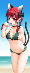 Rule 34 | 1girl, :d, animal ears, bare shoulders, beach, bikini, black bikini, bow, braid, cat ears, cat girl, cat tail, collarbone, extra ears, fang, female focus, hair bow, henshako, kaenbyou rin, long image, looking at viewer, multiple tails, navel, open mouth, paw pose, pointy ears, red eyes, red hair, smile, solo, swimsuit, tail, tall image, touhou, twin braids