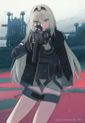 Rule 34 | 1girl, absurdres, aiming, an-94, an-94 (girls&#039; frontline), assault rifle, black gloves, black jacket, blue eyes, character name, commentary request, cowboy shot, dear faith, girls&#039; frontline, gloves, gun, hair between eyes, hairband, highres, holding, holding gun, holding weapon, jacket, long hair, long sleeves, mixed-language commentary, optical sight, outdoors, rifle, russian text, silver hair, solo, weapon