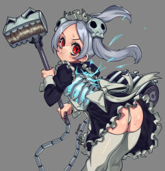 Rule 34 | 1girl, apron, ass, black nails, bloody marie (skullgirls), blue fire, blush, bone, dress, fire, frilled dress, frills, grey background, grey hair, hair ornament, highres, juliet sleeves, long sleeves, looking at viewer, looking back, maid, maid apron, maid headdress, nail polish, panties, pout, puffy sleeves, red eyes, ribs, skeleton, skull hair ornament, skullgirls, solo, sweat, thighhighs, twintails, undead, underwear, vacuum cleaner, waa153