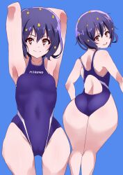 Rule 34 | 1girl, armpits, arms behind head, ass, breasts, covered navel, highres, legs, looking at viewer, looking back, mizuno ai, multiple views, open mouth, purple hair, red eyes, short hair, small breasts, smile, solo, thighs, zombie land saga