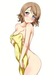 Rule 34 | 1girl, absurdres, bare shoulders, blue eyes, blush, breasts, cleavage, collarbone, completely nude, covering breasts, covering crotch, covering privates, cowboy shot, embarrassed, head tilt, highres, light brown hair, looking at viewer, love live!, love live! sunshine!!, medium breasts, nude, nude cover, parted lips, sankuro (agoitei), scan, simple background, smile, solo, thighs, towel, watanabe you, white background, yellow towel