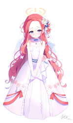 Rule 34 | 1girl, alternate costume, blue archive, blush, bow, breasts, bride, closed mouth, commentary request, dated, detached collar, dress, elbow gloves, forehead, gloves, hair bow, halo, highres, long hair, looking at viewer, purple eyes, red hair, signature, simple background, sleeveless, sleeveless dress, small breasts, smile, solo, tachi-e, very long hair, wavy hair, wedding dress, white background, white bow, white dress, white gloves, yellow halo, yuzu (blue archive), zcx