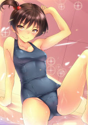 Rule 34 | 1girl, bare shoulders, brown hair, collarbone, hair bobbles, hair ornament, kanata (kanata onion), looking at viewer, one-piece swimsuit, original, school swimsuit, short ponytail, side ponytail, sitting, smile, solo, spread legs, swimsuit, water, wet, yellow eyes