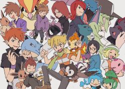Rule 34 | 1girl, 6+boys, barry (pokemon), baseball cap, bianca (pokemon), black shirt, blastoise, blue oak, bone, brown hair, cheren (pokemon), chimchar, clenched hands, closed eyes, closed mouth, creatures (company), cubone, eevee, fangs, game freak, gastly, gen 1 pokemon, gen 2 pokemon, gen 4 pokemon, gen 5 pokemon, golbat, green scarf, hands in pockets, hands up, hat, highres, holding, holding pokemon, jewelry, multiple boys, multiple persona, munna, n (pokemon), nashubi (to infinity wow), necklace, nintendo, open mouth, panpour, pansage, pants, pidgeot, pokemon, pokemon (creature), pokemon bw, pokemon dppt, pokemon frlg, pokemon gsc, pokemon lgpe, pokemon rgby, popped collar, purple wristband, purrloin, red hair, scarf, shirt, silver (pokemon), smile, sneasel, spiked hair, starly, tongue, white background, wristband, zorua