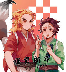 Rule 34 | 2020, 2boys, absurdres, brown hair, checkered background, chinese commentary, closed mouth, commentary request, earrings, forked eyebrows, green kimono, highres, holding, holding paintbrush, japanese clothes, jewelry, kamado tanjirou, kimetsu no yaiba, kimono, long hair, looking at viewer, male focus, mogutofuoes, multicolored hair, multiple boys, open mouth, orange background, orange hair, oversized object, paintbrush, red eyes, red hair, red kimono, rengoku kyoujurou, scar, scar on face, scar on forehead, short hair, sleeves rolled up, smile, streaked hair, teeth, translation request, two-tone background, upper teeth only, white background, yellow eyes