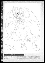 Rule 34 | 1girl, bat wings, bow, crossed arms, female focus, full body, greyscale, hat, karamoneeze, knees up, lineart, looking at viewer, mob cap, monochrome, remilia scarlet, shoes, short hair, sitting, skirt, solo, thighhighs, torn clothes, torn skirt, torn sleeves, torn thighhighs, touhou, white background, wings