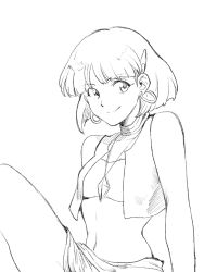 Rule 34 | 1girl, bad id, bad twitter id, bare shoulders, belt bra, closed mouth, commentary request, cropped jacket, earrings, fushigi no umi no nadia, greyscale, highres, hoop earrings, jacket, jewelry, knee up, looking at viewer, monochrome, nadia la arwall, navel, necklace, nikaidou kou, open clothes, open jacket, short hair, simple background, sitting, skirt, smile, solo, white background
