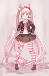 Rule 34 | ankle boots, black coat, black jacket, black skirt, blush, boots, bow, child, coat, danganronpa (series), danganronpa another episode: ultra despair girls, full body, hair bow, hair ornament, hairband, hand on own chest, hand on own hip, headband, headwear request, highres, jacket, long hair, looking at viewer, matching hair/eyes, pink eyes, pink hair, pink hairband, pink headband, pink headwear, pink stripes, polka dot, polka dot bow, shirt, skirt, striped legwear, thighhighs, thighs, twintails, utsugi kotoko, very long hair, white shirt