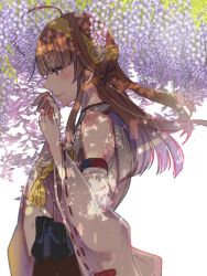 Rule 34 | 10s, 1girl, ahoge, bare shoulders, brown hair, commentary request, cowboy shot, detached sleeves, double bun, flower, hairband, headgear, kantai collection, kongou (kancolle), long hair, nontraditional miko, rinto (rint rnt), smile, solo, tree, wisteria
