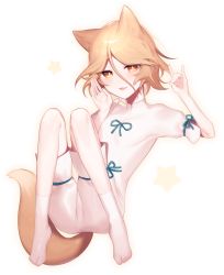 Rule 34 | absurdres, animal ears, arm up, blonde hair, bow, eyes visible through hair, fox ears, fox tail, green bow, hair between eyes, hands up, highres, jumpsuit, kudamaki tsukasa, looking at viewer, nemachi, open mouth, short sleeves, simple background, sitting, smile, socks, solo, star (symbol), tail, touhou, unconnected marketeers, white background, white jumpsuit, white sleeves, white socks, yellow eyes
