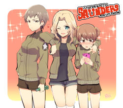 Rule 34 | 10s, 3girls, alisa (girls und panzer), arm around neck, arm on another&#039;s shoulder, artist name, black shirt, black shorts, blonde hair, blue eyes, blush, brown eyes, brown hair, brown jacket, cellphone, closed mouth, dated, denim, denim shorts, embarrassed, emblem, english text, freckles, girls und panzer, hair intakes, hair ornament, heart, holding, holding phone, jacket, kay (girls und panzer), long hair, long sleeves, looking at viewer, military, military uniform, multiple girls, naomi (girls und panzer), one eye closed, open clothes, open jacket, open mouth, phone, saunders military uniform, shirt, short hair, short shorts, short twintails, shorts, signature, smartphone, smile, soda bottle, sparkle, standing, star (symbol), star hair ornament, sweatdrop, thighhighs, twintails, uniform, very short hair, white legwear, yukiyanagi raki