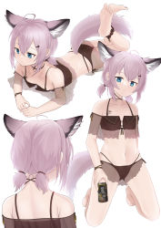Rule 34 | 1girl, absurdres, animal ears, arknights, barefoot, bikini, black bikini, caibao return, can, commentary, downblouse, fox ears, fox tail, hair ornament, hairclip, highres, kneeling, material growth, multiple views, nape, navel, official alternate costume, oripathy lesion (arknights), short hair, sussurro (arknights), sussurro (summer flower) (arknights), swimsuit, tail, twintails