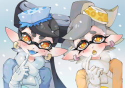 Rule 34 | 2girls, :o, black hair, blue background, blush, boom (pixiv 17287082), bow-shaped hair, breath, callie (splatoon), commentary request, cousins, earrings, eyelashes, food, food on head, gloves, grey hair, hoop earrings, inkling, jewelry, long hair, marie (splatoon), mole, mole under eye, multiple girls, nintendo, object on head, open mouth, pointy ears, short hair, snowing, splatoon (series), splatoon 3, star-shaped pupils, star (symbol), sushi, symbol-shaped pupils, teeth, tentacle hair, thick eyebrows, upper body, white gloves, yellow eyes