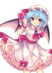 Rule 34 | 1girl, :d, absurdres, ascot, bat wings, black wings, blue hair, blush, bow, brooch, collared shirt, fang, frilled shirt, frilled shirt collar, frilled sleeves, frills, gradient eyes, hair between eyes, hand in own hair, hand up, hat, hat ribbon, highres, jewelry, looking at viewer, mob cap, multicolored eyes, open mouth, petticoat, puffy short sleeves, puffy sleeves, red bow, red eyes, red ribbon, remilia scarlet, ribbon, ruhika, sash, shirt, short hair, short sleeves, simple background, skirt, smile, solo, standing, touhou, twitter username, white background, white hat, white shirt, white skirt, white theme, wings, wrist cuffs, yellow eyes