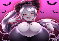 Rule 34 | 1girl, absurdres, bat (animal), black background, blush, bow, breasts, bursting breasts, cleavage, dress, fangs, gothic lolita, gradient background, gradient outline, hair bow, high ponytail, highres, huge breasts, lolita fashion, long hair, long sleeves, looking at viewer, mee don, nail polish, open mouth, overlord (maruyama), pale skin, ponytail, purple background, purple dress, purple hair, purple nails, red eyes, shalltear bloodfallen, simple background, skindentation, smile, smug, solo, teeth, tongue, two-tone background, upper body