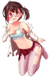 Rule 34 | 10s, 1girl, blue bra, blush, bow, bow bra, bra, brown eyes, brown hair, glasses, grey pantyhose, hair ribbon, has bad revision, has downscaled revision, highres, kantai collection, looking at viewer, md5 mismatch, okinami (kancolle), open mouth, pantyhose, purple-framed eyewear, resolution mismatch, ribbon, sakuranoyukke, semi-rimless eyewear, shirt, short hair, side ponytail, simple background, skirt, solo, source smaller, torn clothes, torn pantyhose, torn shirt, torn skirt, under-rim eyewear, underwear, white background