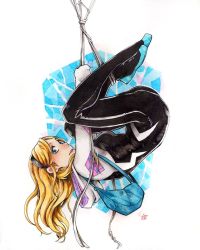 Rule 34 | 1girl, animification, blonde hair, blue eyes, bodysuit, breasts, gwen stacy, hairband, hood, hooded bodysuit, looking at viewer, marvel, sao (saowee), skin tight, solo, spider-gwen, spider web print, superhero costume, traditional media