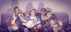 Rule 34 | 4boys, arm around neck, arm around shoulder, asirpa, backwards hat, baseball cap, beard stubble, black hair, blue headwear, blue pants, brown hair, can, character print, chengongzi123, closed eyes, collared jacket, collared shirt, couch, crossed legs, dark-skinned male, dark skin, denim, denim jacket, drink can, facial hair, facing another, formal, golden kamuy, green jacket, green shirt, grey background, grey pants, grin, hands up, hat, highres, holding, holding can, indoors, jacket, karaoke, koito otonoshin, leaning on person, long sleeves, looking at another, male focus, multiple boys, necktie, on couch, open mouth, pants, pillow, purple background, scar, scar on face, shadow, shirt, short hair, sideburns, sitting, smile, soda can, stubble, stuffed animal, stuffed dog, stuffed reindeer, stuffed seal, stuffed toy, sugimoto saichi, suit, tanigaki genjirou, tsukishima hajime, very short hair, yellow necktie