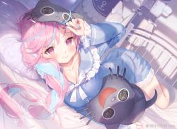 Rule 34 | 1girl, absurdres, blue dress, blue hair, blue nails, blush, bow, bowtie, braid, breasts, cat mask, character mask, closed mouth, dress, frilled shirt collar, frilled sleeves, frills, highres, hololive, indoors, large breasts, long hair, long sleeves, looking at viewer, lying, mask, mask lift, minato aqua, multicolored hair, nail polish, neko (minato aqua), on bed, on side, pillow, pink eyes, pink hair, rin31153336, sleep mask, smile, solo, two-tone hair, virtual youtuber, white bow, white bowtie