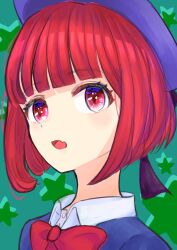 Rule 34 | 1girl, absurdres, arima kana, beret, black bow, blue hat, blue jacket, blunt bangs, bob cut, bow, bowtie, collared shirt, commentary, dress shirt, fang, green background, hat, hat bow, highres, inverted bob, jacket, looking at viewer, medium hair, mixed-language commentary, open mouth, oshi no ko, red bow, red bowtie, red eyes, school uniform, shadow, shirt, skin fang, solo, tenyokumakoto, upper body, variant set, white shirt, youtou high school uniform