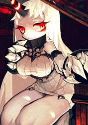 Rule 34 | 10s, 1girl, abyssal ship, bad id, bad pixiv id, breasts, claws, detached sleeves, dress, female focus, horns, kantai collection, large breasts, long hair, looking at viewer, niko sawa, red eyes, ribbed dress, ribbed sweater, seaport princess, short dress, single horn, solo, sweater, sweater dress, very long hair, white hair