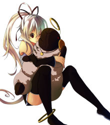 Rule 34 | 1girl, alternate color, anklet, bad id, bad pixiv id, detached sleeves, female focus, hatsune miku, jewelry, legs, necklace, one eye closed, ponytail, red eyes, sheep, shingo., simple background, sitting, skirt, solo, stuffed animal, stuffed toy, thighhighs, vocaloid, white background, white hair, wink