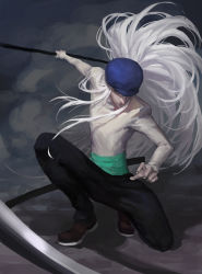 Rule 34 | 1boy, blouse, blue hat, diaodiao, full body, hat, hunter x hunter, kite (hunter x hunter), long hair, male focus, on one knee, scythe, shirt, silver hair, solo, very long hair, weapon, white shirt