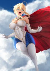 Rule 34 | 1girl, :d, ahoge, alternate costume, aqua eyes, artoria pendragon (fate), artoria pendragon (lancer) (fate), bare shoulders, blonde hair, bodysuit, braid, breasts, cape, cleavage, cleavage cutout, clenched hands, clothing cutout, cloud, cloudy sky, commentary request, covered erect nipples, covered navel, day, elbow gloves, fate/grand order, fate (series), flying, french braid, gloves, hair between eyes, hair bun, highres, large breasts, long hair, looking at viewer, open mouth, outdoors, red cape, sidelocks, single hair bun, skin tight, sky, smile, solo, superhero costume, teeth, upper teeth only, v-shaped eyebrows, white bodysuit, white gloves, yamaneko (tkdrumsco)