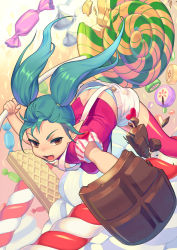 Rule 34 | 1girl, alternate costume, alternate hair color, alternate skin color, candy, chocolate, chocolate bar, fang, food, green hair, league of legends, lollipop, lollipoppy, long hair, open mouth, panties, pointy ears, poppy (league of legends), shorts, solo, striped clothes, striped panties, thighhighs, twintails, underwear, weapon, yellow eyes, yordle, zettai ryouiki