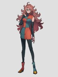 Rule 34 | 1girl, :o, ahoge, android 21, asymmetrical clothes, asymmetrical footwear, black pantyhose, black sleeves, blue eyes, breasts, brown hair, checkered clothes, checkered dress, detached sleeves, dragon ball, dragon ball fighterz, dress, earrings, full body, glasses, hoop earrings, jewelry, kemachiku, large breasts, long hair, medium breasts, messy hair, multicolored clothes, multicolored dress, pantyhose, simple background, solo, standing