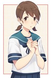 Rule 34 | 1girl, blue sailor collar, blue skirt, brown eyes, brown hair, cowboy shot, highres, jewelry, kantai collection, looking at viewer, low twintails, neckerchief, parted bangs, pleated skirt, polka dot, polka dot background, ring, sailor collar, school uniform, serafuku, shirayuki (kancolle), short hair, short twintails, skirt, solo, tanaka io (craftstudio), twintails, wedding band