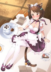Rule 34 | 1girl, absurdres, animal ears, apron, arm support, blue bow, blush, bow, breasts, brown eyes, brown hair, cake, cake slice, cat ears, cat tail, cleavage, closed mouth, cup, food, footwear bow, fork, from above, full body, hair bow, hairband, highres, knife, maid, mao lian (nekokao), medium breasts, pink bow, plate, purple footwear, purple skirt, reclining, sdorica, shoes, short hair, sitting, skirt, smile, solo, suspender skirt, suspenders, tail, tea, teacup, teapot, thighhighs, white apron, white thighhighs