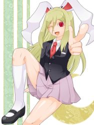 Rule 34 | 1boy, afuro terumi, animal ears, blonde hair, rabbit ears, cosplay, crossdressing, inazuma eleven, inazuma eleven (series), male focus, necktie, new year, open mouth, pixiv sample, pointing, red eyes, reisen udongein inaba, reisen udongein inaba (cosplay), resized, sitting, skirt, solo, touhou, trap, wink