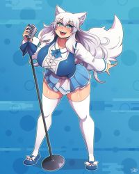 Rule 34 | 1girl, animal ear fluff, animal ears, blue eyes, blue skirt, breasts, curvy, full body, highres, indie virtual youtuber, large breasts, long hair, lumi (merryweather), open mouth, ryou sakai, skirt, smile, solo, standing, tail, thick thighs, thighhighs, thighs, virtual youtuber, white hair, wolf ears, wolf girl, wolf tail