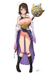 Rule 34 | 1girl, artist name, black bra, black footwear, black panties, blue eyes, blush, boots, bra, bra lift, bracelet, breasts, breasts out, brown hair, clothes lift, collarbone, commission, confused, detached sleeves, final fantasy, final fantasy x, front-tie bra, full body, green eyes, groin, hakama, hakama lift, hakama short skirt, hakama skirt, hand on own chest, hand up, heterochromia, highres, japanese clothes, jewelry, killy doodle, legs apart, lifting own clothes, long sleeves, looking at viewer, medium breasts, nipples, nose blush, obi, open clothes, open mouth, panties, panty pull, pigeon-toed, pinky ring, purple hakama, pussy, ribbon-trimmed sleeves, ribbon trim, ring, sash, short hair, simple background, single bare shoulder, skeb commission, skirt, solo, staff, standing, star (symbol), thighs, unaligned breasts, uncensored, underwear, white background, wide sleeves, yuna