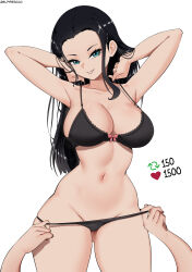 Rule 34 | 1girl, absurdres, aqua eyes, arms up, artist name, black bra, black hair, black panties, bra, breasts, cleavage, collarbone, disembodied limb, elpipe 3000, extra arms, forehead, grin, groin, hana hana no mi, heart, highres, large breasts, like and retweet, long hair, looking at viewer, meme, navel, nico robin, one piece, panties, panty pull, parted lips, pulled by self, simple background, smile, solo, stomach, twitter strip game (meme), underwear, white background