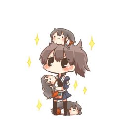 Rule 34 | 10s, 4girls, akagi (kancolle), bad id, bad twitter id, black eyes, black hair, blush, brown hair, carrying, chibi, clone, closed eyes, kaga (kancolle), kantai collection, long hair, lowres, multiple girls, on head, open mouth, person on head, rebecca (keinelove), short hair, side ponytail, solid circle eyes, sparkle