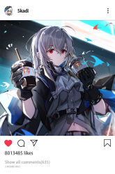 Rule 34 | 1girl, ahoge, arknights, ascot, belt, black gloves, black jacket, chinese commentary, commentary request, daier, drink, english text, fake screenshot, giving, gloves, grey ascot, grey hair, grey shirt, heart, highres, holding, holding drink, infection monitor (arknights), jacket, long hair, looking at viewer, midriff, navel, parted lips, red eyes, shirt, skadi (arknights), solo, upper body