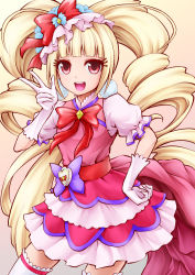 Rule 34 | 1girl, aisaki emiru, blonde hair, blouse, cure macherie, dress, earrings, eyebrows hidden by hair, eyeshadow, frills, gloves, hair ornament, heart pouch, hugtto! precure, jewelry, looking at viewer, makeup, open mouth, pink dress, pom pom (clothes), pom pom earrings, precure, puffy short sleeves, puffy sleeves, red ribbon, ribbon, sash, shirt, short sleeves, sleeveless, sleeveless dress, smile, solo, ten (tenchan man), thighhighs, twintails, white gloves, white shirt, white thighhighs