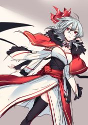 Rule 34 | 1girl, aged up, ahoge, alternate costume, black legwear, blush, breasts, bridal gauntlets, cleavage, clenched hand, closed mouth, commentary request, corset, detached sleeves, dress, dutch angle, full body, fur trim, gradient background, grey background, grey hair, hair between eyes, hair ribbon, highres, looking to the side, medium breasts, no headwear, one-hour drawing challenge, open hand, parted lips, pink lips, pointy ears, remilia scarlet, ribbon, sash, shukusuri, side slit, sketch, tagme, thighs, touhou, white background, wind