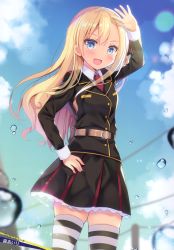 Rule 34 | 1girl, :d, absurdres, arm up, artist name, black jacket, black skirt, blonde hair, blue sky, blurry, blurry background, blush, character name, cloud, collared shirt, cowboy shot, day, floating hair, hair between eyes, hand on own hip, high school fleet, highres, jacket, long hair, long sleeves, looking at viewer, miniskirt, mori airi, necktie, official art, open mouth, outdoors, pleated skirt, red necktie, shirt, skirt, sky, smile, solo, standing, straight hair, striped clothes, striped thighhighs, thighhighs, uniform, very long hair, white shirt, wilhelmina braunschweig ingenohl friedeburg, wing collar, zettai ryouiki