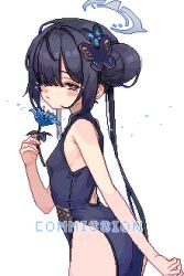Rule 34 | 1girl, 2049 (hh5566), black dress, black hair, blue archive, blue flower, blush stickers, breasts, butterfly hair ornament, closed mouth, commission, cowboy shot, double bun, dress, flower, grey eyes, grey halo, hair bun, hair ornament, halo, holding, holding flower, kisaki (blue archive), korean commentary, long hair, pixel art, simple background, small breasts, solo, twintails, white background