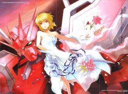 Rule 34 | 00s, 1girl, bare shoulders, blonde hair, bouquet, breasts, bride, cagalli yula athha, crease, dress, elbow gloves, flower, fur trim, gloves, gundam, gundam seed, gundam seed destiny, gundam seed destiny the edge, kuori chimaki, large breasts, leg up, mecha, official art, parted lips, ribbon, robot, scan, see-through, shoes, short hair, solo, strapless, strapless dress, strike gundam, strike rouge, wedding dress, white dress, yellow eyes