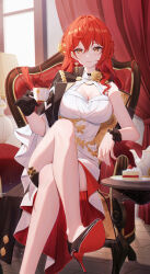 Rule 34 | 1girl, absurdres, black footwear, black jacket, breasts, cake, chair, choker, cleavage, closed mouth, commentary request, crossed legs, cup, curtains, dress, earrings, flower, flower choker, food, foot out of frame, gloves, hair flower, hair ornament, high heels, highres, himeko (honkai: star rail), holding, holding cup, honkai: star rail, honkai (series), jacket, jacket partially removed, jewelry, lamp, large breasts, long hair, looking at viewer, mole, mole on breast, nail polish, orange eyes, patent heels, plate, pumps, red footwear, red hair, red nails, red soles, shoes, single bare shoulder, single earring, single glove, single wrist cuff, sitting, sleeveless, sleeveless dress, smile, solo, stiletto heels, table, teacup, teapot, tujiu sama, two-tone footwear, white dress, wrist cuffs, yellow flower
